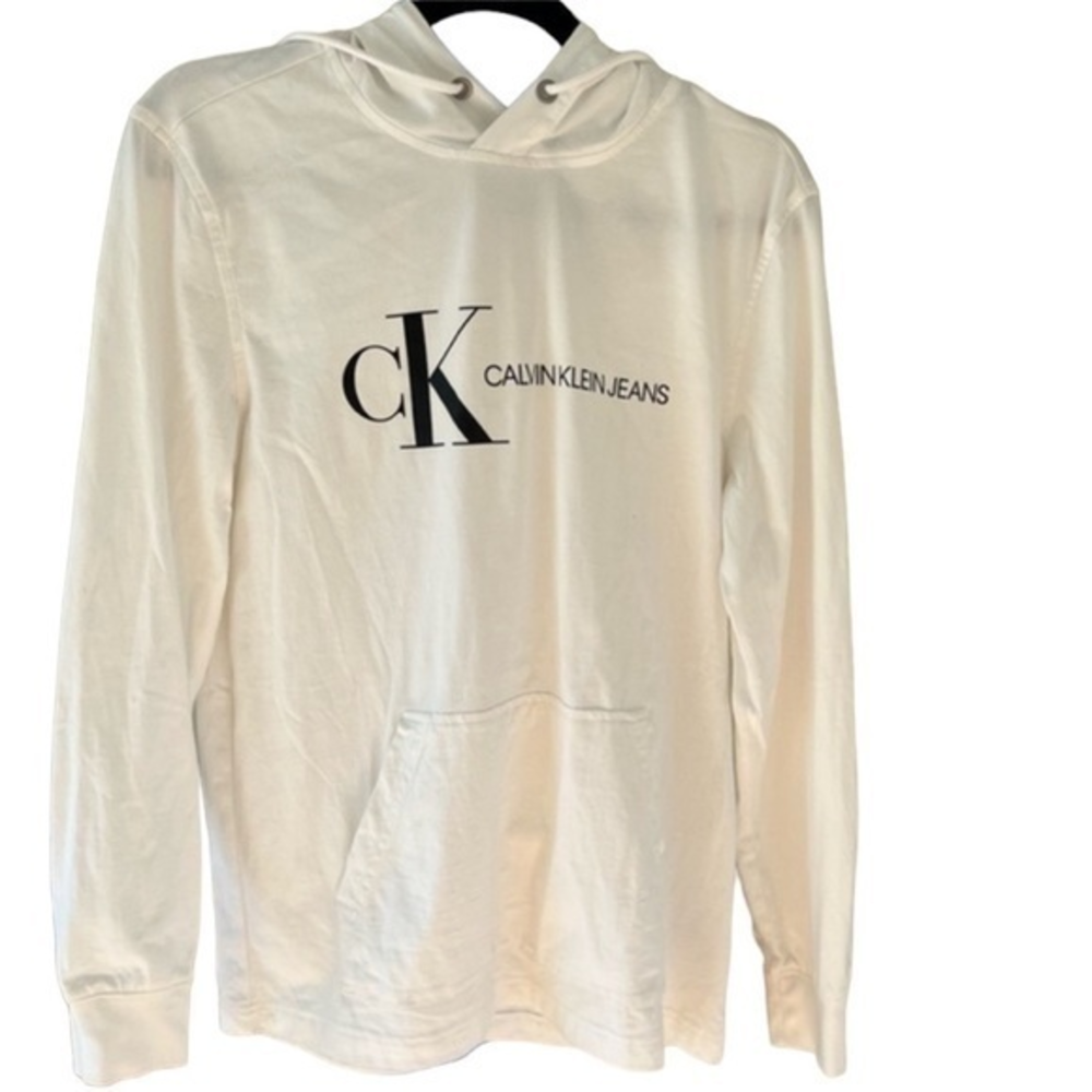 Calvin Klein Jeans Mens White Logo Graphic Hoodie Long Sleeve T-Shirt Small #69